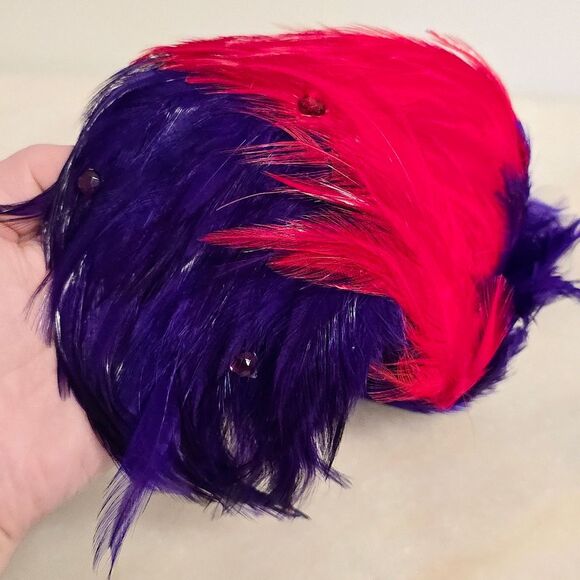 Vintage Handcrafted Assimetrical Red Purple feather fascinator hat headband - Picture 1 of 9